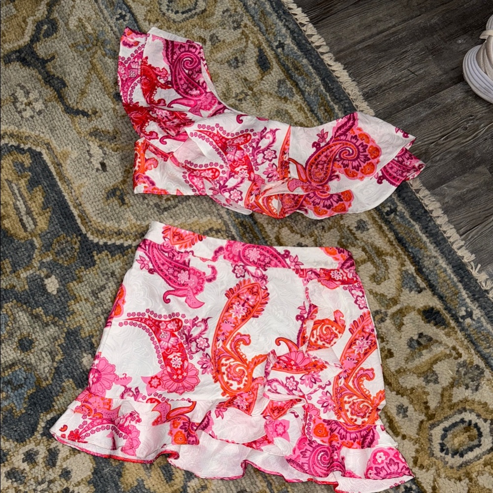 SHEIN Pink and Red Paisley Skater Skirt